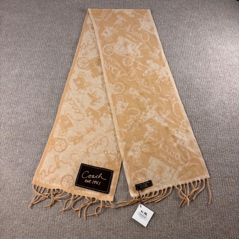 Coach Wool Cashmere Light Beige Horse & Carriage Scarf Size 62"x10" NWT Flaw